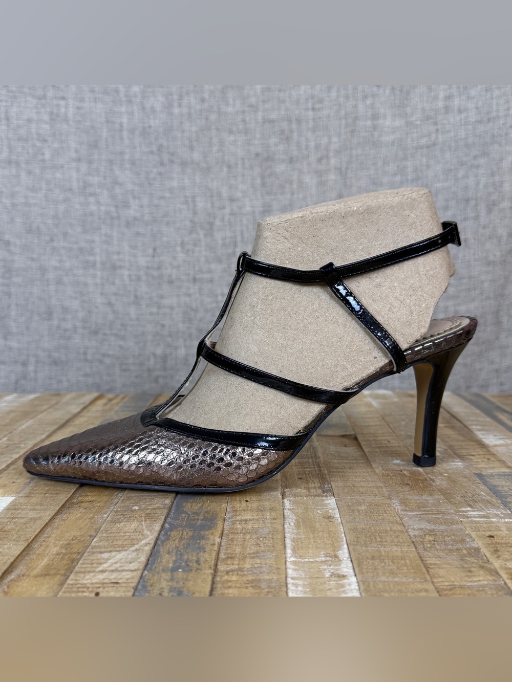 Pour La Victoire Gun Metal Snakeskin Leather & Black Patent T-Strap Heels